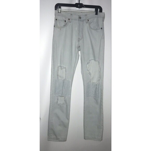 Levi's 501 Jeans Womens‎ 26x32 Light Blue White Button Fly Distressed Patch knee - Picture 1 of 13